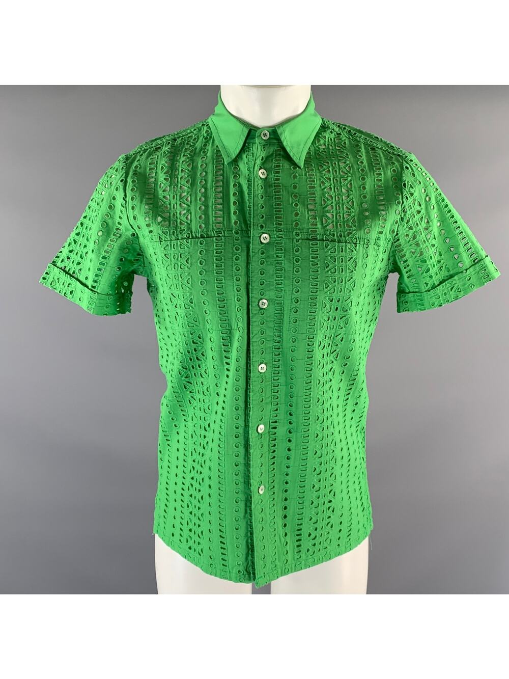 MR TURK Size XS Green Lace Cotton Pointed Collar Short Sleeve Shirt